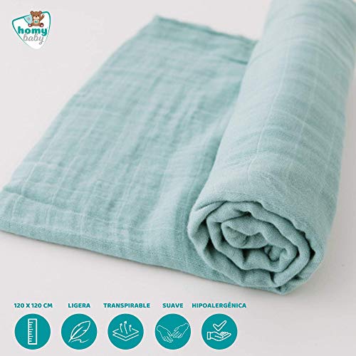 HOMYBABY® Muselina bebe 120x120 [1pc] | Muselinas bebe algodon organico y bambu | Arrullo para bebes | Manta bebe recien nacido | Regalo bebe | Sirve de toalla, gasas, paños de carro, cuna y cambiador