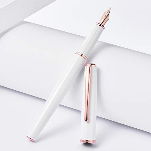 HongDian - Pluma estilográfica de metal blanco 920, punta extrafina chapada en oro rosa, bolígrafo clásico con convertidor de tinta