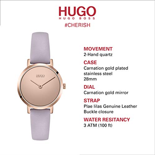 HUGO by Hugo Boss #Cherish - Reloj de cuarzo de acero inoxidable con correa de piel de becerro, color morado, 12 (Modelo: 1540083)