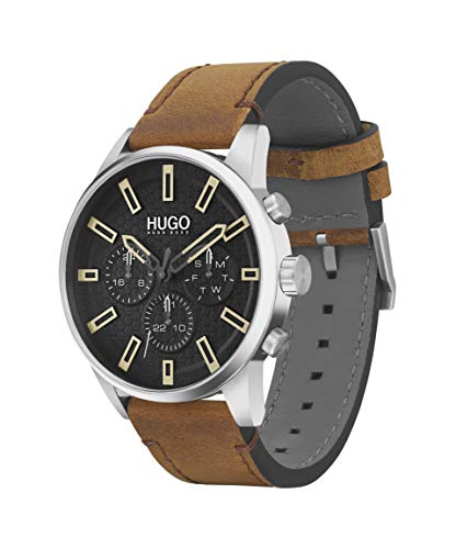 HUGO by Hugo Boss #Seek Reloj de cuarzo de acero inoxidable con correa de piel de becerro, marrón, 22 (modelo: 1530150)