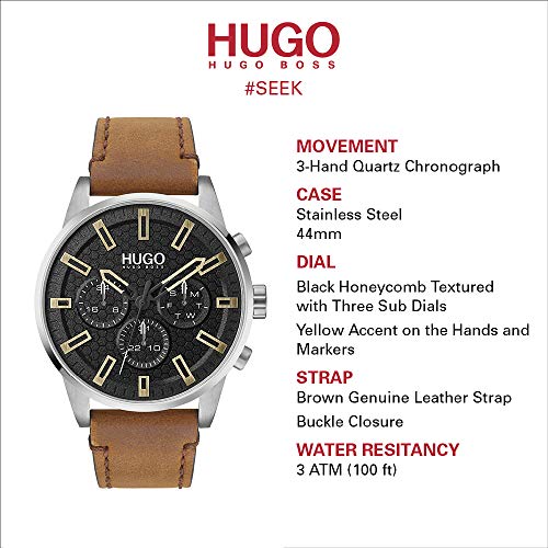 HUGO by Hugo Boss #Seek Reloj de cuarzo de acero inoxidable con correa de piel de becerro, marrón, 22 (modelo: 1530150)