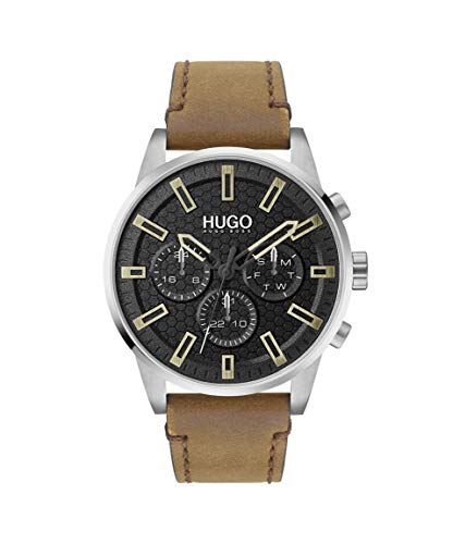 HUGO by Hugo Boss #Seek Reloj de cuarzo de acero inoxidable con correa de piel de becerro, marrón, 22 (modelo: 1530150)