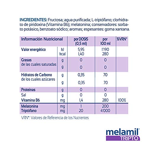 Humana MELAMIL Tripto, a base de melatonina, triptófano y vitamina B6, Complemento Alimenticio que ayuda a conciliar el Sueño; 30ml