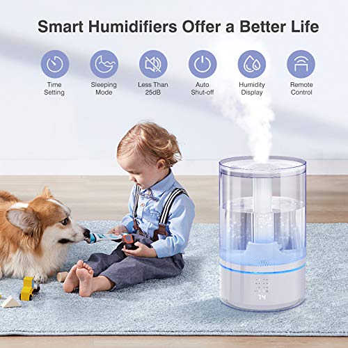 Humidificador, Gocheer 6L Humificador Ultrasónico bebes, Control Automático de Humedad, Difusor Aceites Esenciales a 25dB y 70m², Boquilla 360°, 65H Corriendo es Apto Para Dormitorio, Hogar