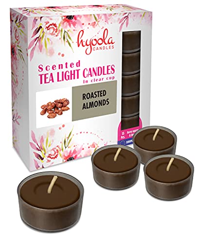 Hyoola Velas de Té Perfumadas - Velas Candelitas en Vaso Transparente - Velas Aromáticas con Aroma a Almendras Tostadas - Marrón Claro - 6 Horas de Combustión - Pack de 15 - Hechas en Europa