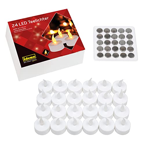 Idena 50023 - Velas de té LED, 24 piezas, velas eléctricas con luz parpadeante, pilas incluidas, decoración para bodas, fiestas, navidad, en caja, pascua, como luz de ambiente