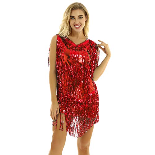 inhzoy Vestido de Baile Latino Lentejuelas para Mujer Vestido de Rumba Tango Salsa Samba Flecos Traje de Baile de Salón Disfraz de Fiesta Dancewear Rojo M