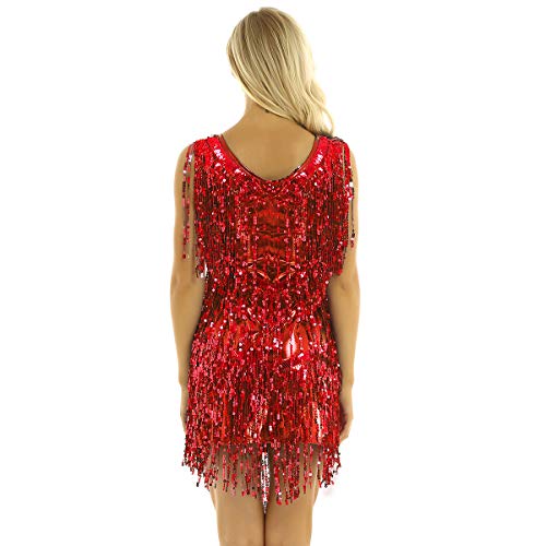 inhzoy Vestido de Baile Latino Lentejuelas para Mujer Vestido de Rumba Tango Salsa Samba Flecos Traje de Baile de Salón Disfraz de Fiesta Dancewear Rojo M