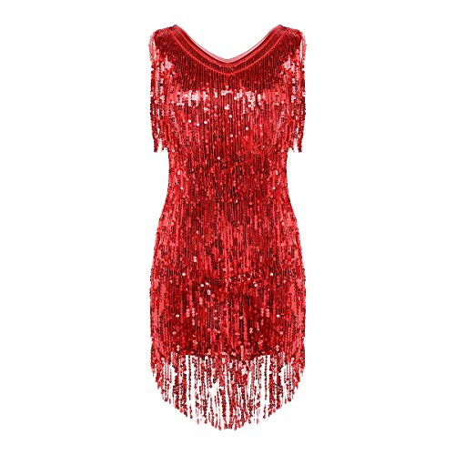 inhzoy Vestido de Baile Latino Lentejuelas para Mujer Vestido de Rumba Tango Salsa Samba Flecos Traje de Baile de Salón Disfraz de Fiesta Dancewear Rojo M