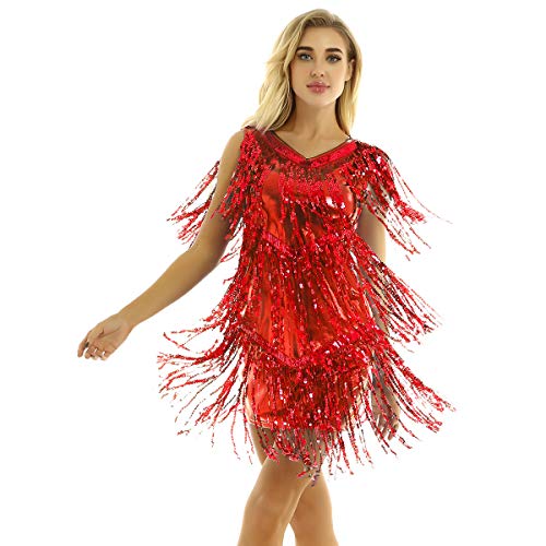 inhzoy Vestido de Baile Latino Lentejuelas para Mujer Vestido de Rumba Tango Salsa Samba Flecos Traje de Baile de Salón Disfraz de Fiesta Dancewear Rojo M