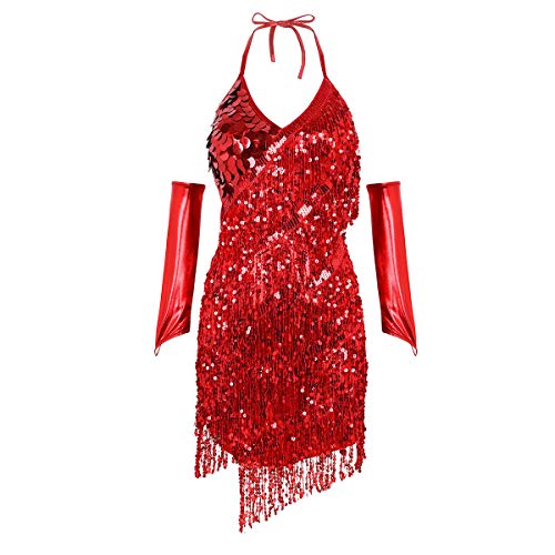 inhzoy Vestido de Baile Latino Lentejuelas y Borlas para Mujer Traje Baile de Salón Tango Salsa Rumba Cuello Halter Vestido Flecos Bailarina Dancewear Rojo Talla Única