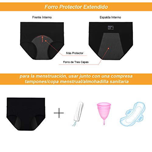 INNERSY Bragas Mujer Período Menstruales de Cintura Alta de Algodón Protección Ropa Interior Pack de 3(3XL-EU 48, 3 Negro)