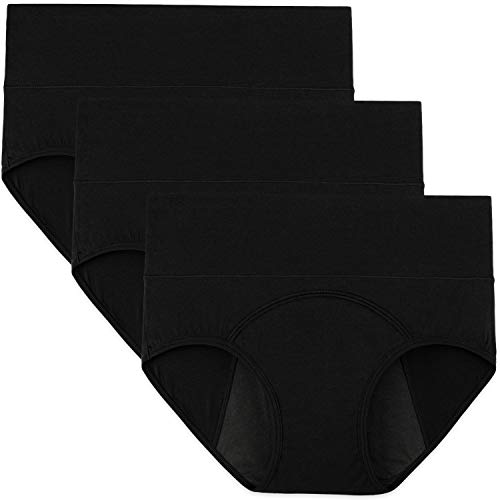 INNERSY Bragas Mujer Período Menstruales de Cintura Alta de Algodón Protección Ropa Interior Pack de 3(3XL-EU 48, 3 Negro)