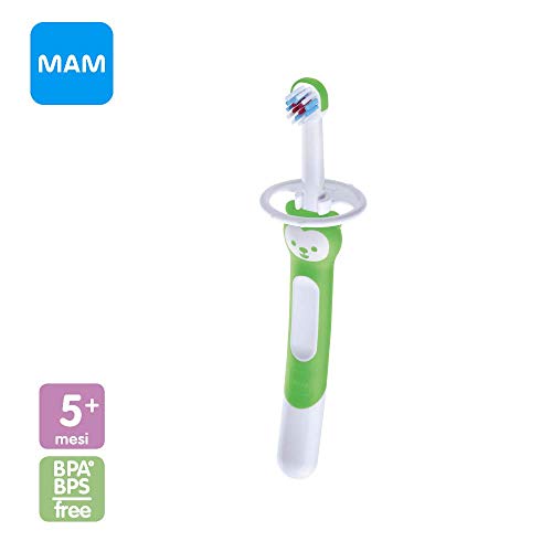 Intrucciones en lengua extranjera - Mam Training Brush, Cepillo de dientes para niños con mango largo, 5 meses, verde