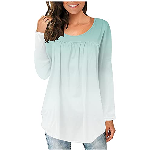 iXOOAA Blusa de manga larga para mujer, informal, cuello redondo, plisada, con costuras, verde menta 1, L