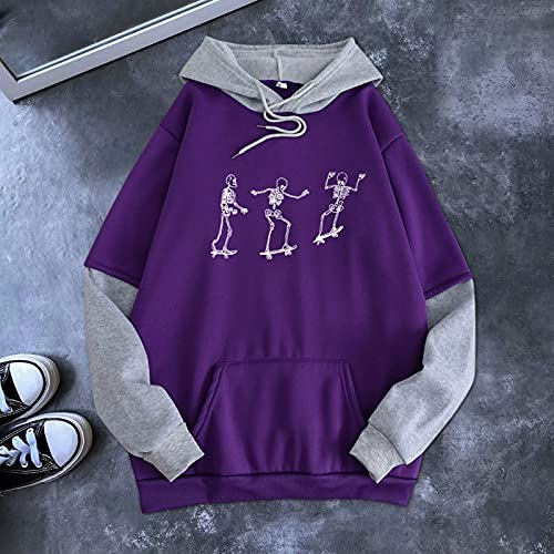 iXOOAA Jersey de manga larga para mujer, camiseta cálida, informal, para invierno, otoño, terciopelo, para costura, suelto, talla grande, con capucha, Purple-2, L