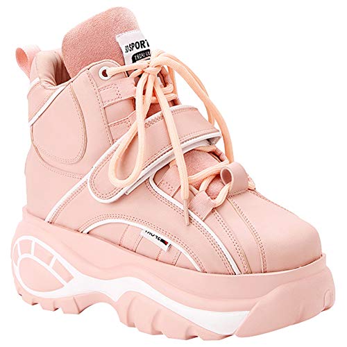 Jamron Mujer Gótico Punk High Top Plataforma Zapatillas Chunky con Cordones Zapatillas de Deporte de Cuña Rosa SN02924 EU37.5