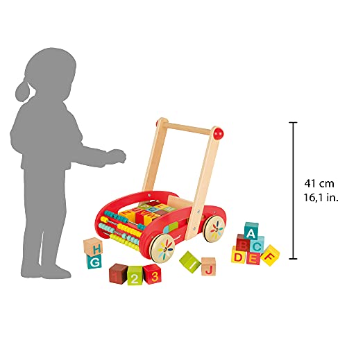 Janod - J05379 - Andador ABC Buggy Tatoo de madera de color rojo con 30 bloques incluidos para niños a partir de 1 año