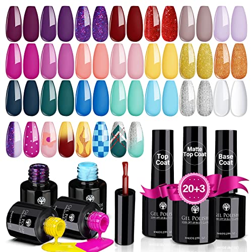 Janolia Esmaltes Semipermanentes 23 pcs de Uñas en Gel UV LED con Base, Top Coat Brillante y Mate, 20 Colores Kit de Esmaltes de Uñas Pintauñas Semipermanentes Perfecto para Principiantes