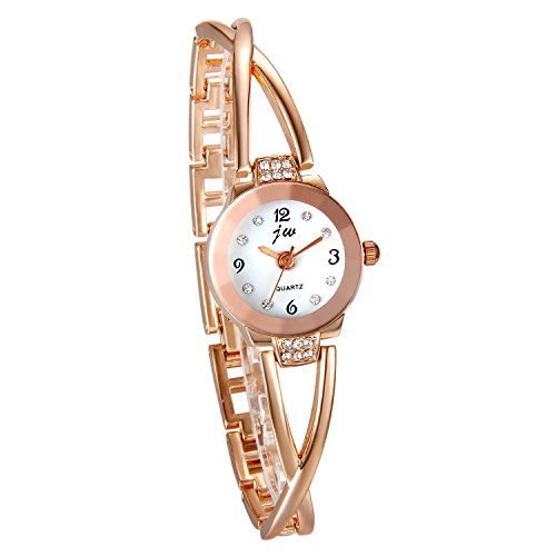 JewelryWe Juego de Pulsera con Reloj Oro Rosa, Moda Reloj de Diamantes Brillantes con Pulsera,Regalos dias de Madre