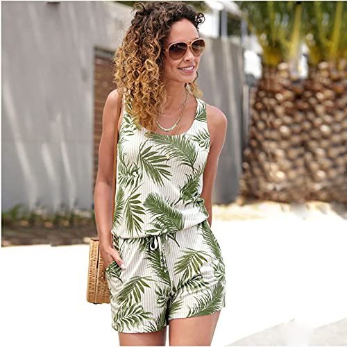 JFAN Mono de una Pieza Chaleco con Estampado de árbol de Coco Verde Pantalones de Verano para Mujer Ropa de Playa Informal Ropa de Playa Elegante(Verde,L)