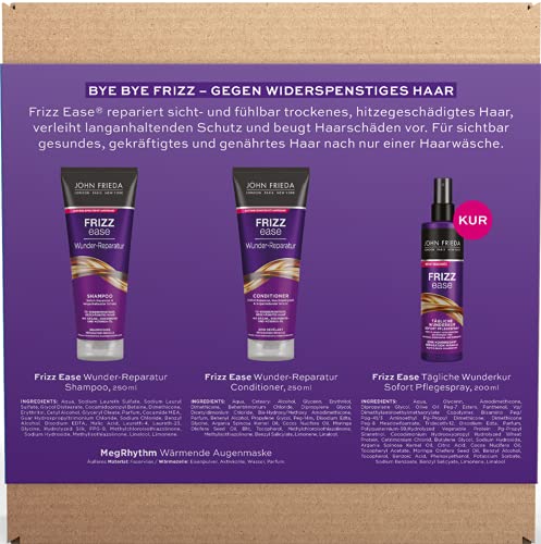 John Frieda Frizz Ease Wunderder - Set de reparación - Champú, acondicionador, spray de cuidado inmediato y antifaz MegRhythm - Programa de bienestar para el hogar