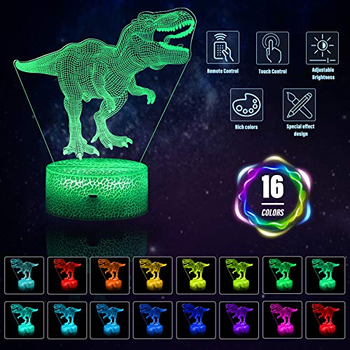 JQGO Luz Nocturna Infantil, Luces nocturnas Ilusión 3D Dinosaurio para niños con mando a distancia y 16 colores cambiantes y función regulable, regalo de cumpleaños para jóvenes, niñas, hombres