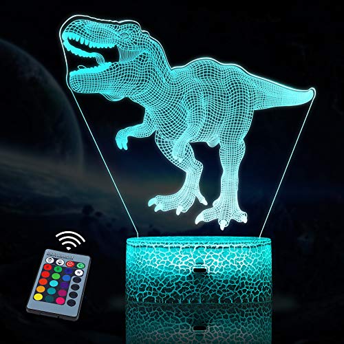 JQGO Luz Nocturna Infantil, Luces nocturnas Ilusión 3D Dinosaurio para niños con mando a distancia y 16 colores cambiantes y función regulable, regalo de cumpleaños para jóvenes, niñas, hombres
