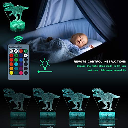 JQGO Luz Nocturna Infantil, Luces nocturnas Ilusión 3D Dinosaurio para niños con mando a distancia y 16 colores cambiantes y función regulable, regalo de cumpleaños para jóvenes, niñas, hombres