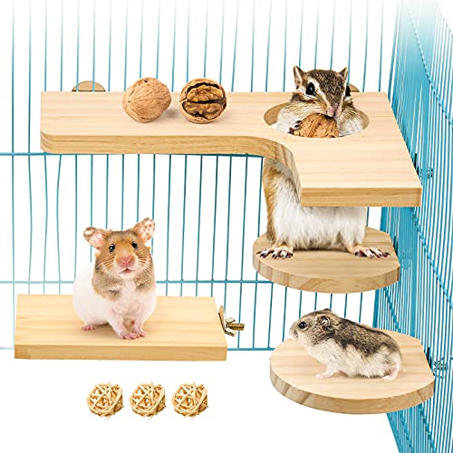 Juego de accesorios para hámster de 4 piezas, plataforma de madera natural, juguete para la jaula para cobayas, chinchillas, ratas, incluye tabla de salto redonda, rectangular y 3 bolitas (L)