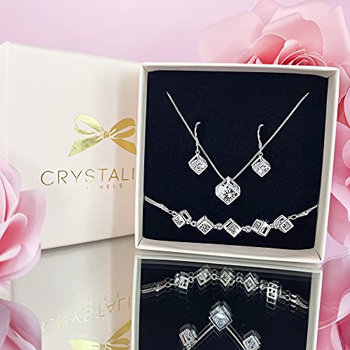 Juego de Joyas de Plata 925 para Mujer, Conjunto de Collar Pendientes y Pulsera con Circonitas, Conjunto joyas de plata para Mujer, Bonita caja de Regalo