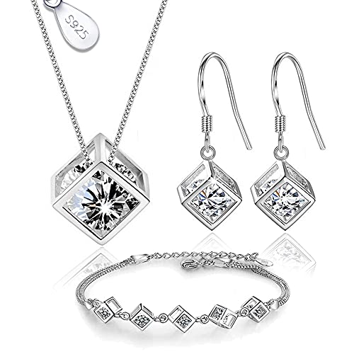 Juego de Joyas de Plata 925 para Mujer, Conjunto de Collar Pendientes y Pulsera con Circonitas, Conjunto joyas de plata para Mujer, Bonita caja de Regalo