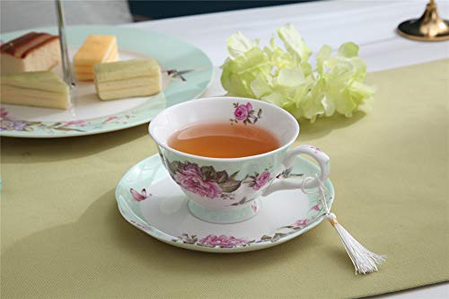 Juego de taza de té con plato y plato de postre de 19 cm, estilo vintage inglés, en porcelana, con motivos de flores, pájaros, mariposas, con caja de regalo., cerámica, Turquesa, 11x8cm