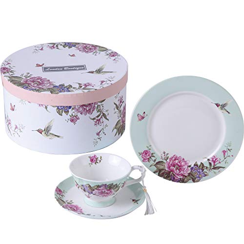 Juego de taza de té con plato y plato de postre de 19 cm, estilo vintage inglés, en porcelana, con motivos de flores, pájaros, mariposas, con caja de regalo., cerámica, Turquesa, 11x8cm