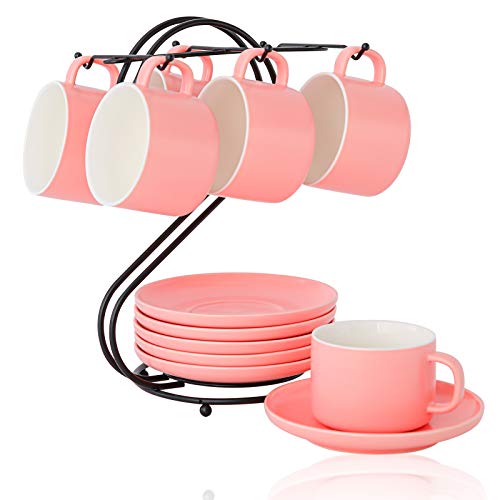 Juego de Tazas de Cafe de Cerámica (220ml) con Platillo y Portavasos, Candiicap Tazas de Capuchino para Capuchino, Latte, Espresso, Americano, Té(220ml,Rosa Mate)