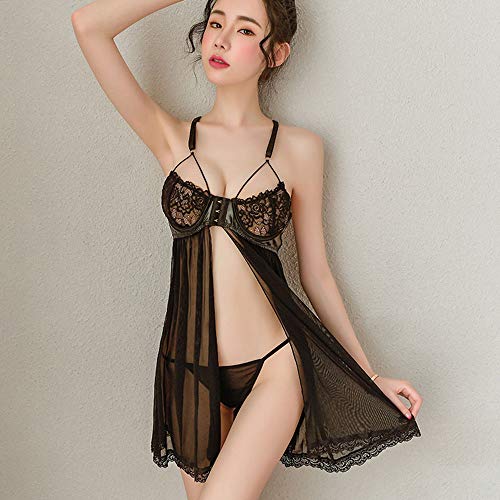 Julianna Sexy Babydoll Negro para Mujer Ropa de Dormir de Cierre Frontal con Aros de Malla Transparente con Tiras lencería de Encaje Camisola