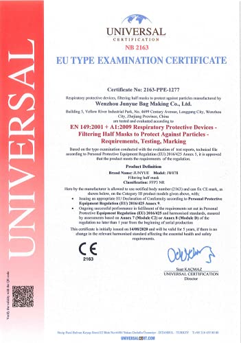 Jun Yue Mascarillas FFP3 NR Homologadas, 10 Unidades, CE2163 EN 149:2001 + A1:2009 PFE≥99%