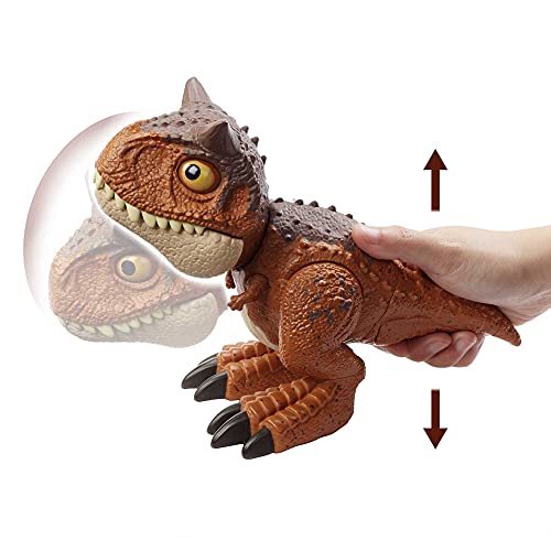 Jurassic World Bebé Carnotaurus mordedor Dinosaurio articulado con movimientos y sonidos, figura de juguete para niños (Mattel HBY85)