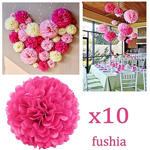 JZK® 10 x fucsia pompones de papel flores 25 cm decoraciones cumpleaños boda comunión bautismo graduado de nacimiento de Halloween Navidad, pompon pon pom pompóm dormitorio decorativo fiesta en el jardín