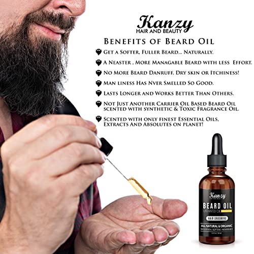 Kanzy Aceite Barba con peine de madera Aceite de barba de hombre para el cuidado de la cara y la barba con aceite de jojoba y aceite de aloe vera, aceite para barba el crecimiento, hidratación - 30 ml