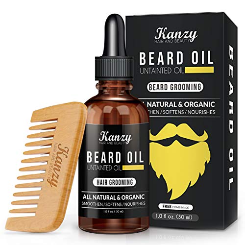 Kanzy Aceite Barba con peine de madera Aceite de barba de hombre para el cuidado de la cara y la barba con aceite de jojoba y aceite de aloe vera, aceite para barba el crecimiento, hidratación - 30 ml