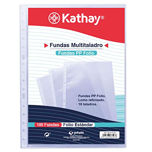 Kathay 86557000. Bolsa de 100 Fundas Perforadas, Tamaño Folio, 16 Taladros, Polipropileno Estándar Liso