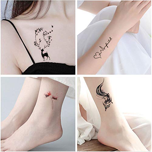 Keleily Tatuajes Temporales Negros 30 Hojas Tatuajes Temporales Adultos para Brazos, Piernas, Cara, Rosa, Gato, Estrella, Luna, Escorpión, Mariposa