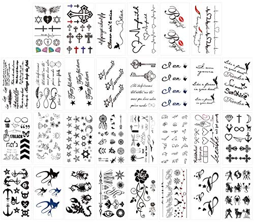 Keleily Tatuajes Temporales Negros 30 Hojas Tatuajes Temporales Adultos para Brazos, Piernas, Cara, Rosa, Gato, Estrella, Luna, Escorpión, Mariposa