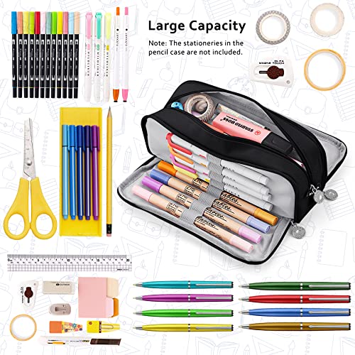 KidsPark Estuche Escolar con 3 Compartimentos, Estuche Escolar Grande Capacidad, Estuche Lapices Organizador Estuche de Maquillaje para Niña Niños Adolescentes Estudiantes, Negro