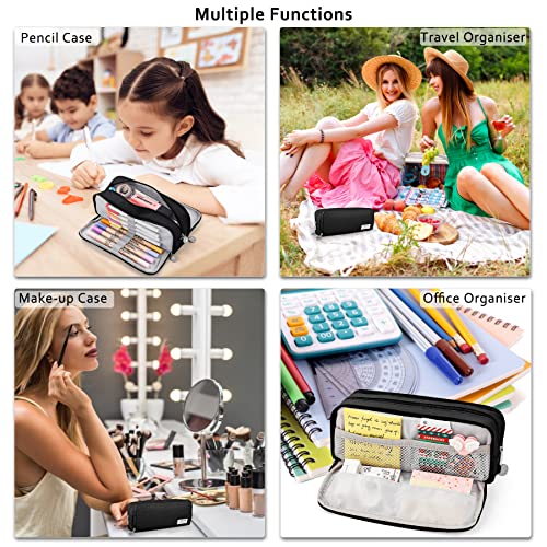 KidsPark Estuche Escolar con 3 Compartimentos, Estuche Escolar Grande Capacidad, Estuche Lapices Organizador Estuche de Maquillaje para Niña Niños Adolescentes Estudiantes, Negro