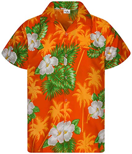 King Kameha Camisa hawaiana de manga corta para hombre, con bolsillo frontal, estampado de flores pequeñas, Pequeña flor naranja., L