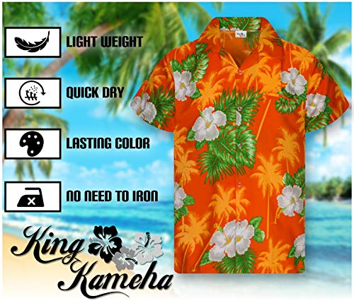 King Kameha Camisa hawaiana de manga corta para hombre, con bolsillo frontal, estampado de flores pequeñas, Pequeña flor naranja., L