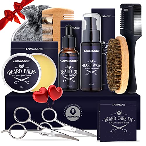 Kit Barba Cuidado Para Hombres, Regalo del día del Padre, Lionmane Kit Barba, Champú, Peine de Afeitar, Peine, Cepillo, Aceite, Balsamo, Tijeras, Guía Barba, Bolsa de lona, Regalo para hombres