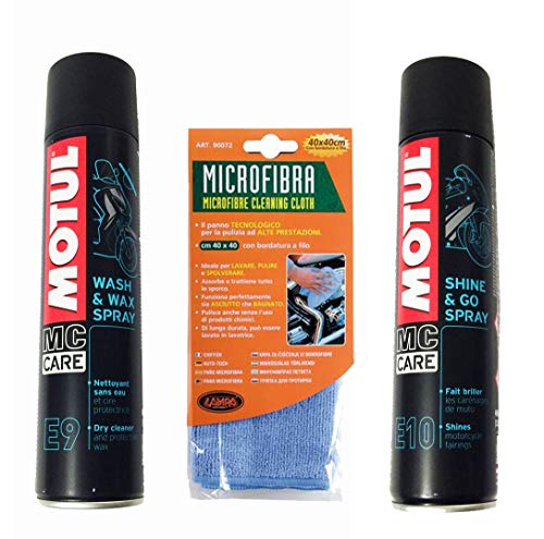 Kit limpieza Moto Scooter Motul E9 Wash & Wax + E10 Shine & Go + 1 gamuza microfibra